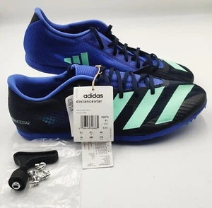 Adidas Distancestar Core Black Blue Track & Field Size UK 9.5 + Spikes + Tool - Foto 1 di 21