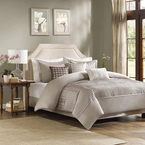 ¡NUEVO! ~ JUEGO DE EDREDÓN PINTUCK TEXTURA MARFIL MARRÓN TOSTADO BEIGE TOPO ELEGANTE MODERNO - Imagen 1 de 4