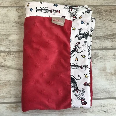 Trend Lab Dr Seuss Cat In The Hat Baby Blanket Red Stars Embossed Security 30x38 - Image 1 of 4