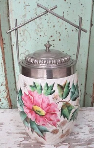 Antique BISCUIT JAR Ceramic Metal Cracker COOKIE Pink Flowers Floral Vintage - Picture 1 of 5