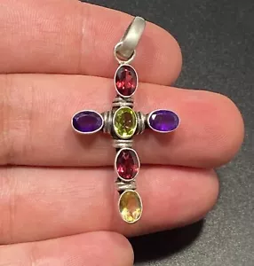 Vintage 925 Multi Gemstone Cross Pendant Religious Dangle - Picture 1 of 8