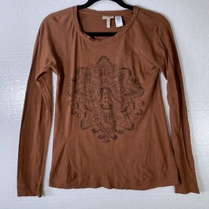 LOGO Lori Goldstein Womens Size XXS Brown Beaded Long Sleeve Top Scoop Neck Boho - Picture 1 of 7