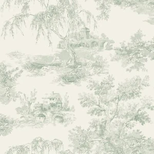 Papel pintado Grandeco Toile Trees castillo francés vintage Toile De Jouy verde A69801 - Imagen 1 de 2