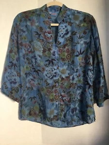 TIANELLO Suzy Blouse XS Blue Floral V neck Top Button Front 3/4 Sleeves Rayon - Picture 1 of 2