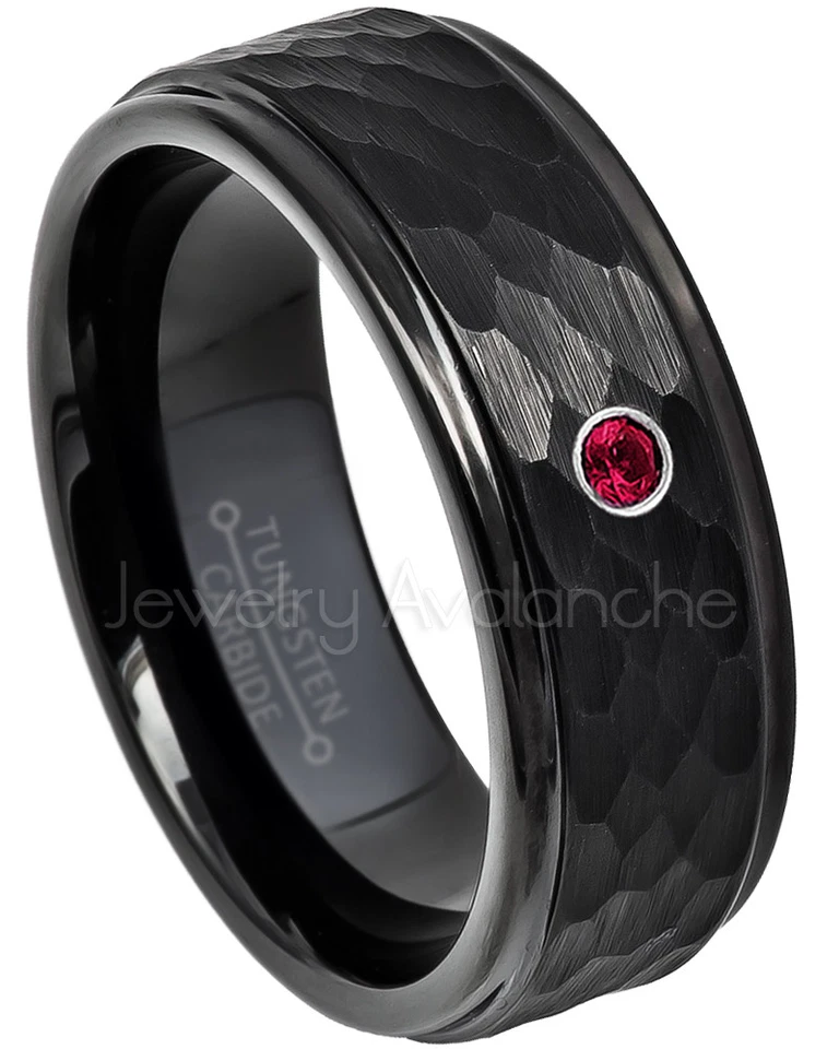 Anillo de tungsteno negro martillado 0,07 quilates anillo de rubí para hombre, anillo de piedra de nacimiento de julio #614 Foto 1 de 1