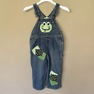 Boys 3T Frog Overalls Denim Chenille Patches Osh Kosh Bgosh Vest Back Blue Jean - Picture 1 of 13