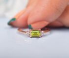 Emerald Cut Natural Green Peridot Rose Gold Plated On Silver Dainty Promise Ring