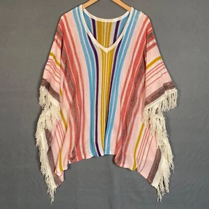 Cupshe Womens Rainbow Stripe Poncho Sweater One Size Beach Cover Up Fringe Boho - Picture 1 of 10