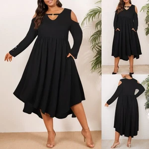 Plus Size Women Gothic Cold Shoulder Midi Dress Pockets Ruffle Swing Party Dress - Picture 1 of 16