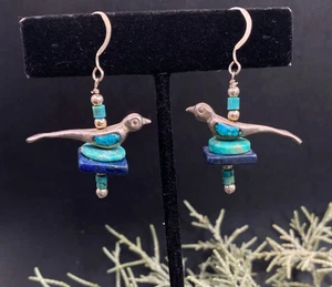 Vintage Sterling Indianer Vogel Fetisch, Lapis, Türkis Ohrringe - Bild 1 von 6