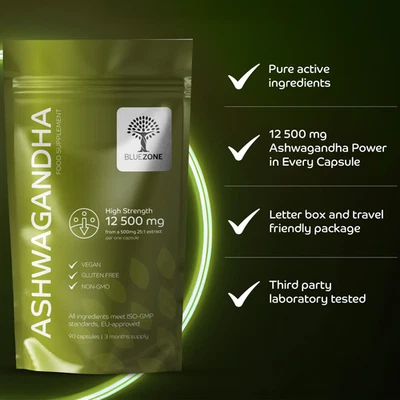BLUE ZONE WORLD Ashwagandha 12500 mg Equivalent per Capsule High Strength Feel calmer, think cle