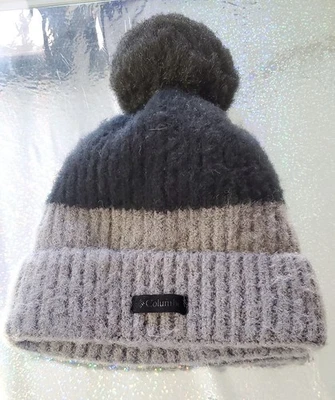 Columbia Winter Hat Black & Gray Knit Beanie Pom Pom Puzzy Puffball Warm Unisex - Image 1 of 4