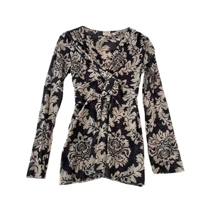 00067 - Johnny Heaven Black Damask Sheer Knot Front Blouse Womens XL - Picture 1 of 6