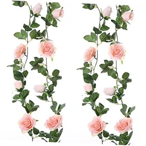2 Pack Pink Artificial Rose Garland Each 6.5FT Fake Rose Vine Hanging Floral - Picture 1 of 7