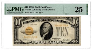 NobleSpirit US Small Size 1928 $10 Gold Certificate Fr. 2400 PMG 25 Very Fine - Picture 1 of 2
