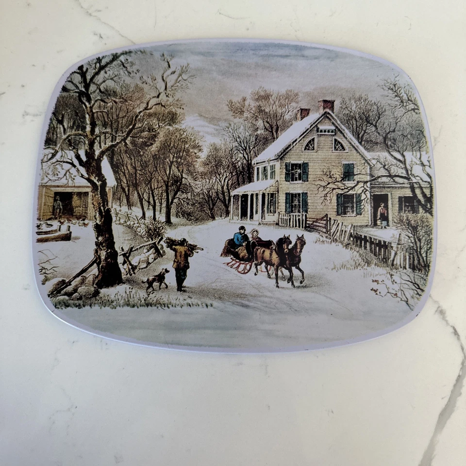 Currier And Ives Trivet Respaldo de Corcho American Homestead Invierno 10x8" Foto 1 de 4