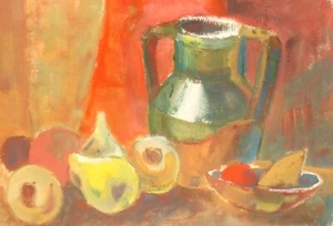 VINTAGE FAUVIST GOUACHE PAINTING STILL LIFE WITH FRUITS, BOWL AND JUG - Picture 1 of 12
