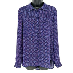 Kut from the Kloth Button Up Top S Blue Pink Black Semi-Sheer Tab Sleeve Career - Picture 1 of 12