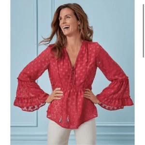 Soft Surroundings- Besito Red Peasant Long Sleeve Blouse Ruffle Sleeve, Petite M - Picture 1 of 13
