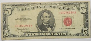 1963 red seal $5.00 star note with serial# *01076958A - Picture 1 of 2