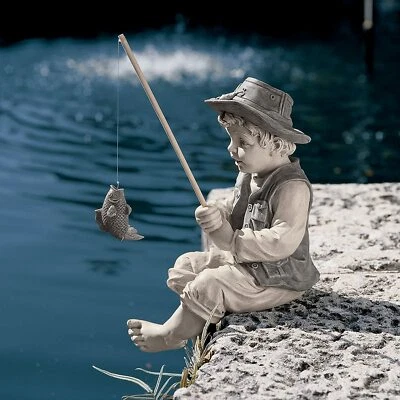 Pond Accent Boy Fishing Statue Garden Decor Lawn Sculpture Fisher Man Figurine - Image 1 of 4