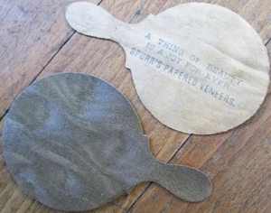 Spurr's Papered Veneers 1880s Pair Wood Trade Cards with Sayings, Novelty, Clean - Picture 1 of 2