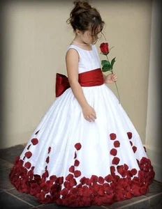Red And White Bow Knot Rose Satin Ball Gown Wedding Flower Girl Dresses Crew - Picture 1 of 4