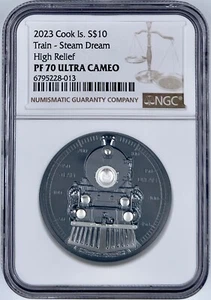 2023 Cook Islands $10 Train Steam Dream 2 Oz Silk Finish Silver NGC PF70UCAM - Picture 1 of 3