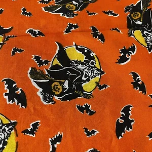 Vintage Halloween Tessuto Strega Volare su Scopa Giallo Luna Arancione Nero Pipistrello - Foto 1 di 12