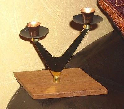 Design Kerzenständer Messing Kupfer Teakholz 2 flammig 60er 70er Jahre - Bild 1 von 2