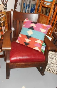 Quarter Sawn Antique Oak Arts & Craft Rocker w/Red Leather Seat - Picture 1 of 6
