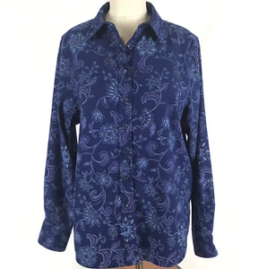 Basic Editions Top Womens Size M Navy Blue Jacobean Floral Print Long Sleeves - Picture 1 of 8