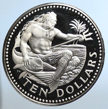 1975 BARBADOS Huge Genuine Old Proof Silver 10 Dollars Coin w NEPTUNE i110966