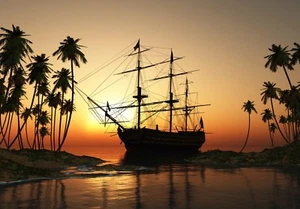XXL Poster 100 x 70cm (S-845) Großes Segel-Schiff im Wasser umsäumt von Palmen - Bild 1 von 1