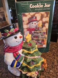 Snowman Cookie Jar Top Hat Christmas Tree Scarf & Mittens New In Box Great Gift - Picture 1 of 11