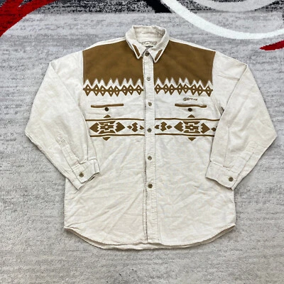 Vintage Shooter Western Dune Shirt Medium Beige Tan Aztec Linen Leather Outdoors - Image 1 of 4