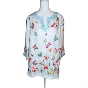 NEW John Mark 100% Linen Butterfly Dragonfly Embroidered Tunic Size XS - Picture 1 of 11