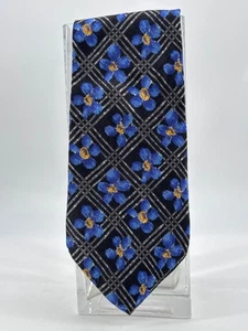 Vintage Mens Scassi Blue Yellow & Black Floral Checkered Silk Tie - Picture 1 of 2