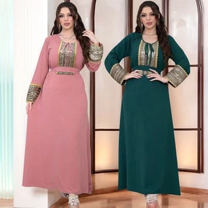 Langes Damenkleid Pailletten Spitze muslimisch Abaya zum Binden volle Ärmel Dubai Bankettkleider - Bild 1 von 17