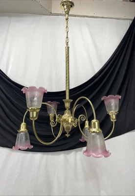 REWIRED Antique Vtg Victorian Art Deco Chandelier Pink Glass Repro Gasolier Styl - Image 1 of 4