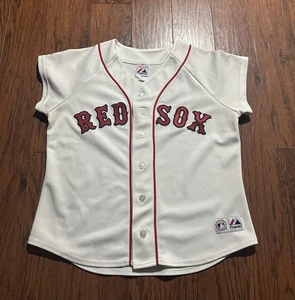 Boston Red Sox Majestic Trikot Damen Medium weiß genähte Knöpfe USA - Bild 1 von 8