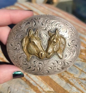 VTG Silver State Sterling Engraved Western Belt Buckle Sweetheart Horses SSS - Picture 1 of 24