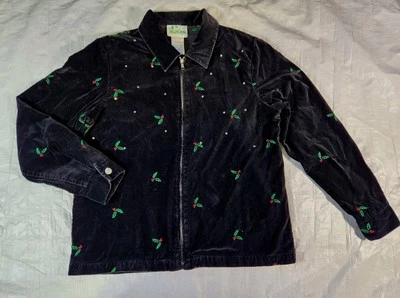 Quaker Factory Jacket Womens M Black Velvet Holly Rhinestone Holiday Mistletoe - Image 1 of 4