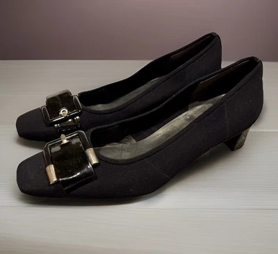 Vtg Stuart Weitzman Spain Black Square Toe Low Block Heels 90s Buckle Classic 7 - Image 1 of 4