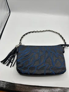 Pava Leder Handtasche Clutch schwarz & blau Reißverschlusstaschen & Quaste selten Vintage - Bild 1 von 10