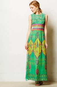 Anthropologie HEMANT & NANDITA 0 Dress Mintzita Green Silk Maxi Embroidered Boho - Picture 1 of 9