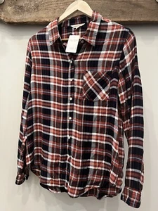 NWT New Lucky Brand Size S Red Super Soft Modal Plaid Flannel Button Up Tunic - Picture 1 of 2