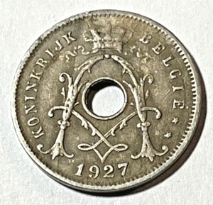 1927 Belgium 5 centimes Coin Center Hole Flanked by Olive Sprig Europe - Picture 1 of 2