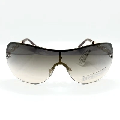 Óculos de sol feminino sem aro 1023SP-Ouro corrente elos templos, escudo marrom degradê - Imagem 1 de 4