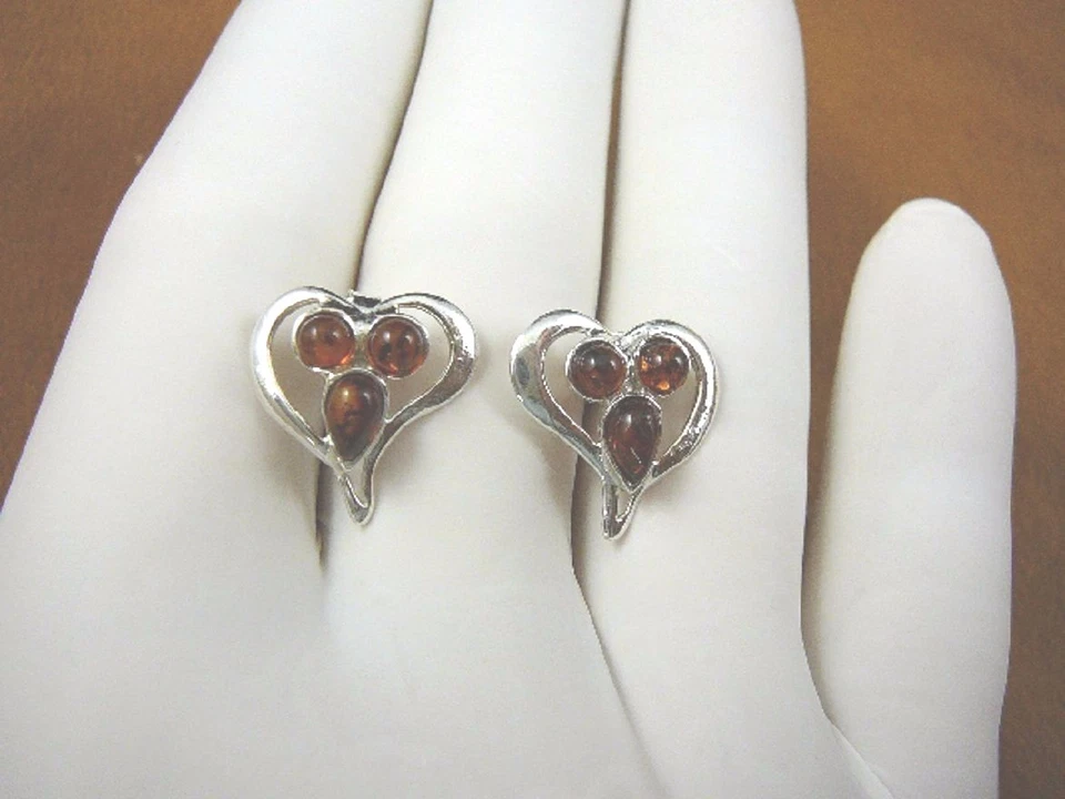 (pe28-22) PENDIENTES ÁMBAR NARANJA CORAZÓN Báltico Polonia PLATA ESTERLINA .925 Foto 1 de 1